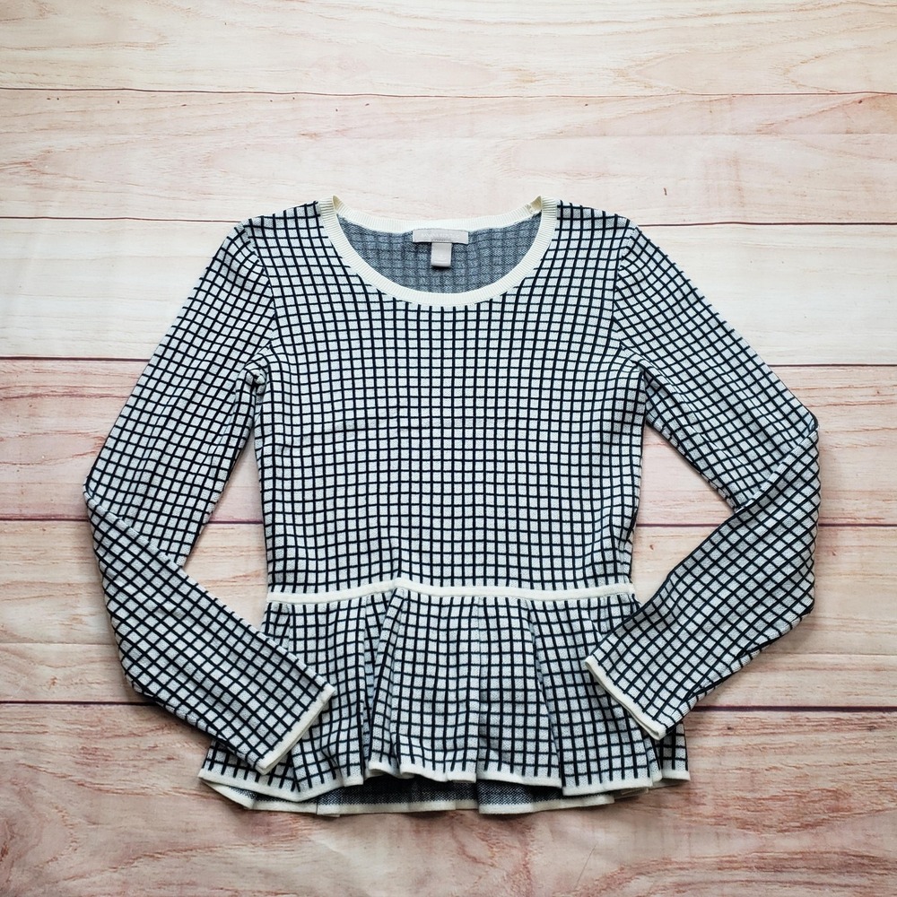 Banana Republic Sweater Women Small White Black Pullover Crew Neck Check Pleated